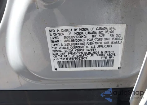 2004 Honda Pilot Lx из США, поврежденный, VIN 2HKYF18154H582903